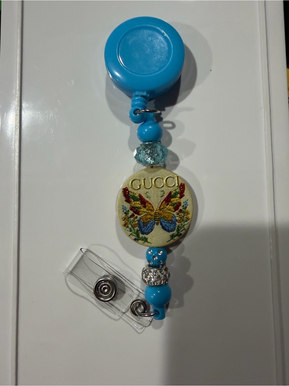 Blue Butterfly Badge Reel with Bead Accents